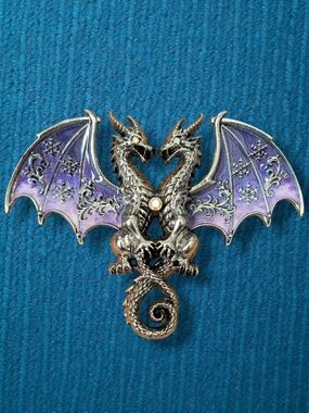 Double Dragon Brooch with Purple Enamel Wings